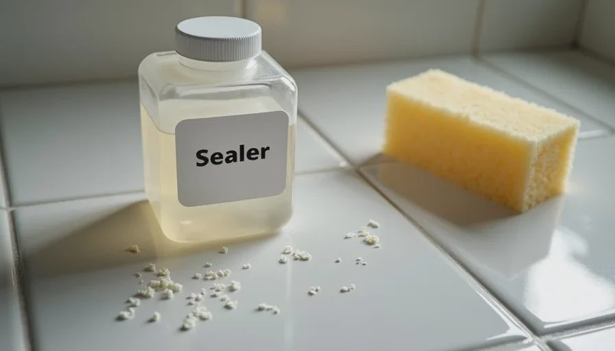 grout sealer and applicator sponge for bathroom tile maintenance and stain prevention