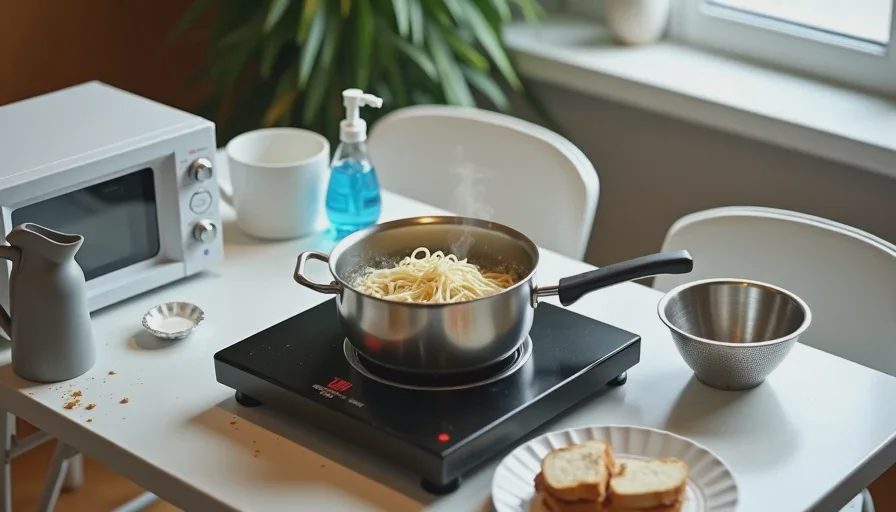 temporary kitchen setup with hot plate cooking pasta during home renovation without kitchen