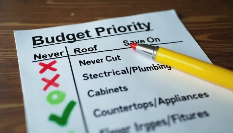 renovation budget priorities list showing never cut items and save on items for smart spending