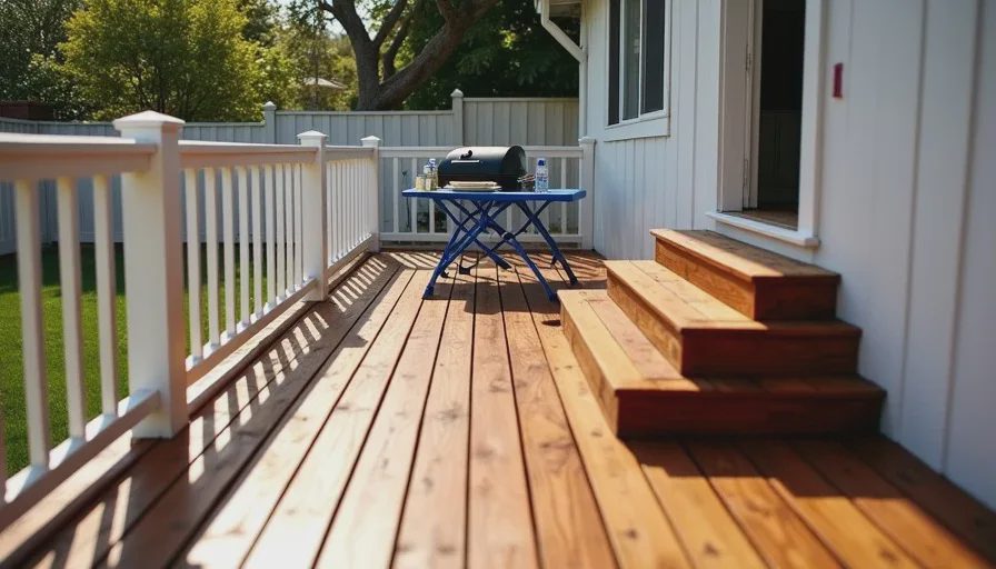 completed deck with stained wood railings and steps in backyard after renovation