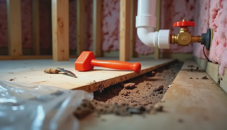 subfloor rot discovered during kitchen demolition with new PEX plumbing installed in old house renovation