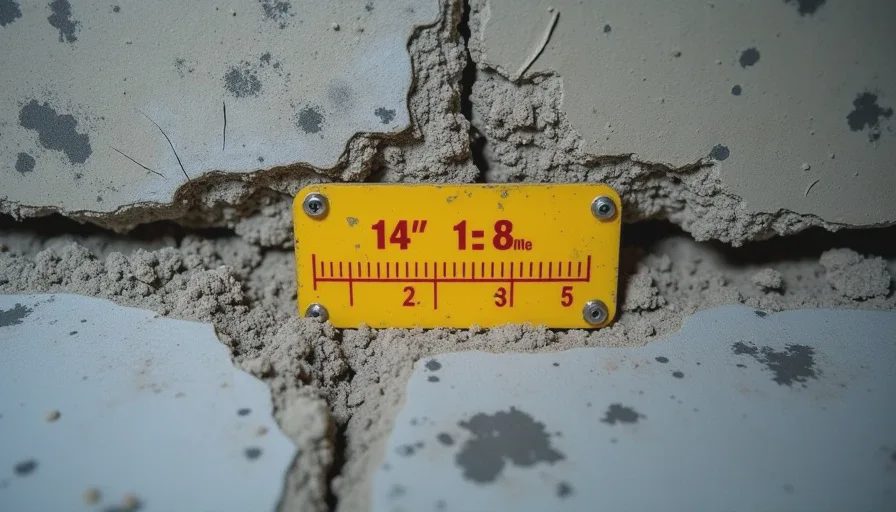 horizontal foundation crack with crack monitor sticker showing movement on old house basement wall