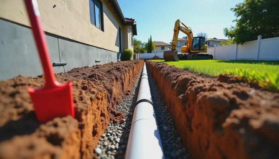 foundation excavation and drainage installation in backyard of old house showing deep trench and exposed wall
