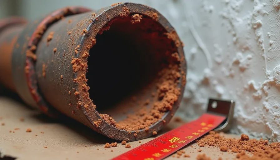 cast iron pipe cross section showing severe internal corrosion and reduced diameter from rust buildup
