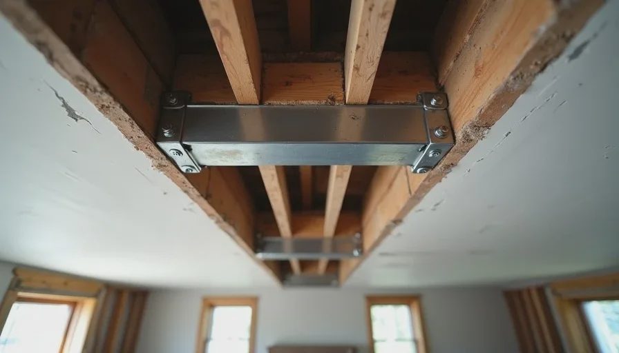 steel beam installed in load bearing wall removal showing connection detail at ceiling in old craftsman house