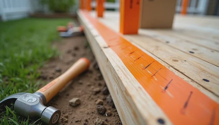 half finished deck with orange safety tape and plywood patch before bbq gathering