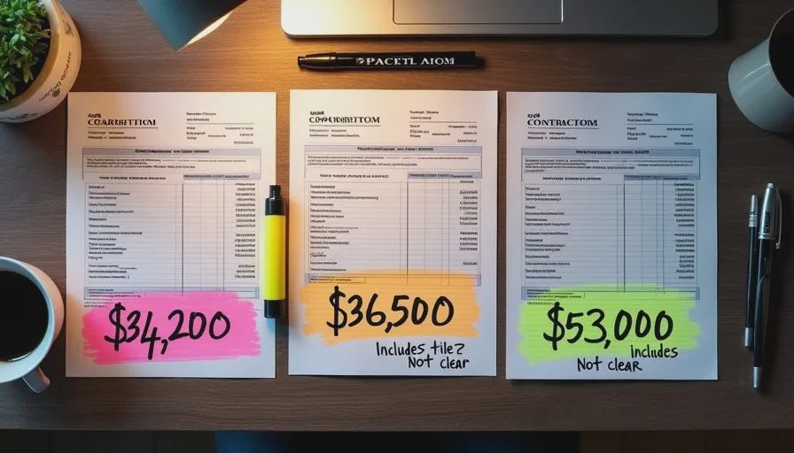 three contractor renovation bids compared side by side showing price differences for same scope of work