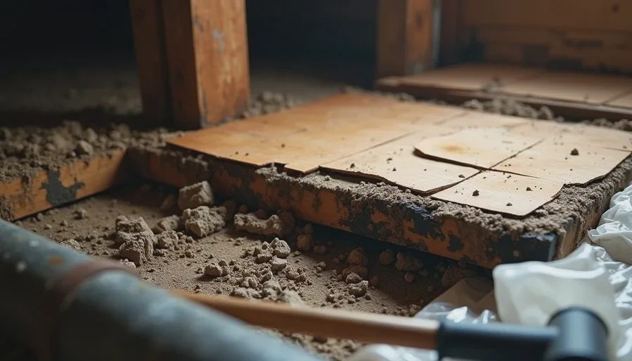 subfloor rot discovered during bathroom renovation showing damaged floor joists and moisture damage