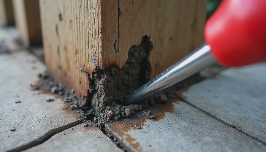 rotted wood deck post discovered by son showing screwdriver penetration through decayed wood