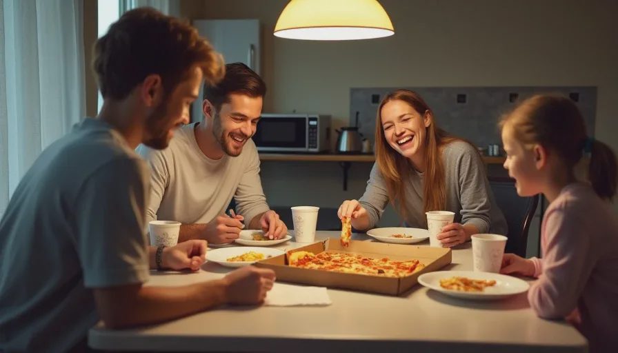 family having pizza dinner at temporary kitchen table during home renovation without kitchen