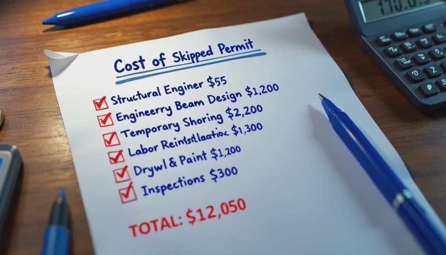 handwritten list showing total cost of skipped permit for load bearing wall removal in old house