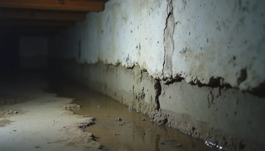 bowing foundation wall with horizontal crack showing serious structural damage in old house crawlspace