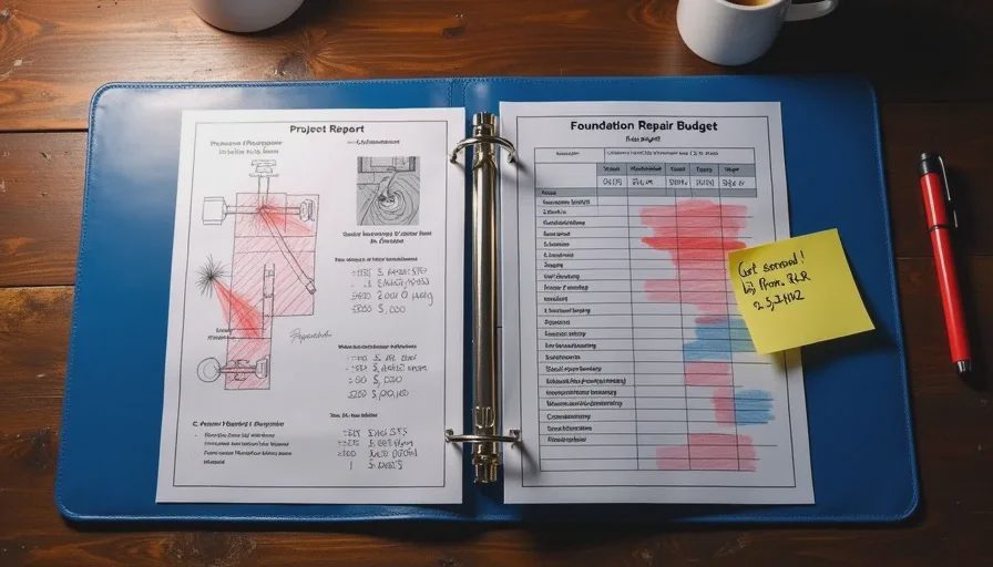 structural engineer report and foundation repair budget breakdown in binder showing total cost 23402