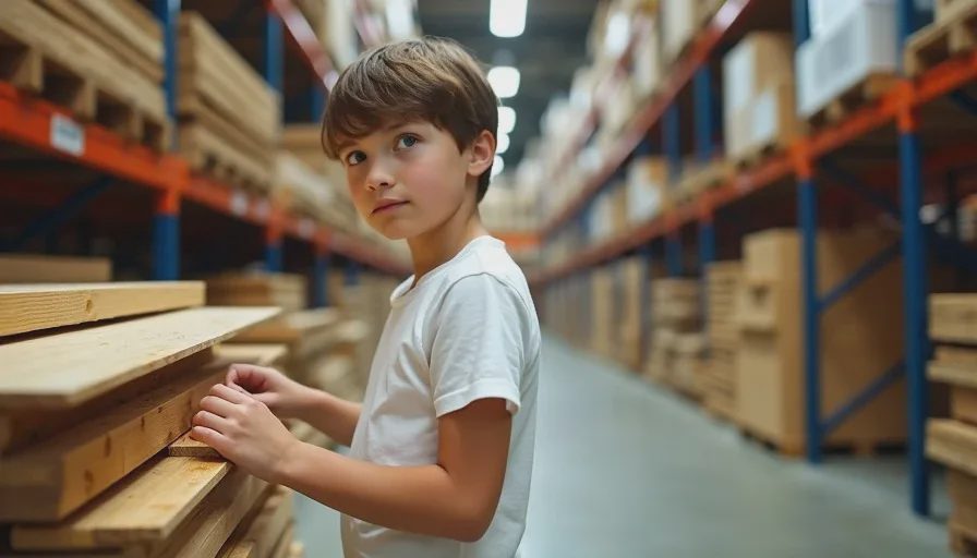 young boy holding piece of lumber at home improvement store during renovation project with dad