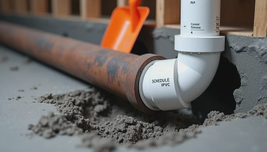 replacing old cast iron drain pipe with new schedule 40 PVC pipe during old house plumbing renovation