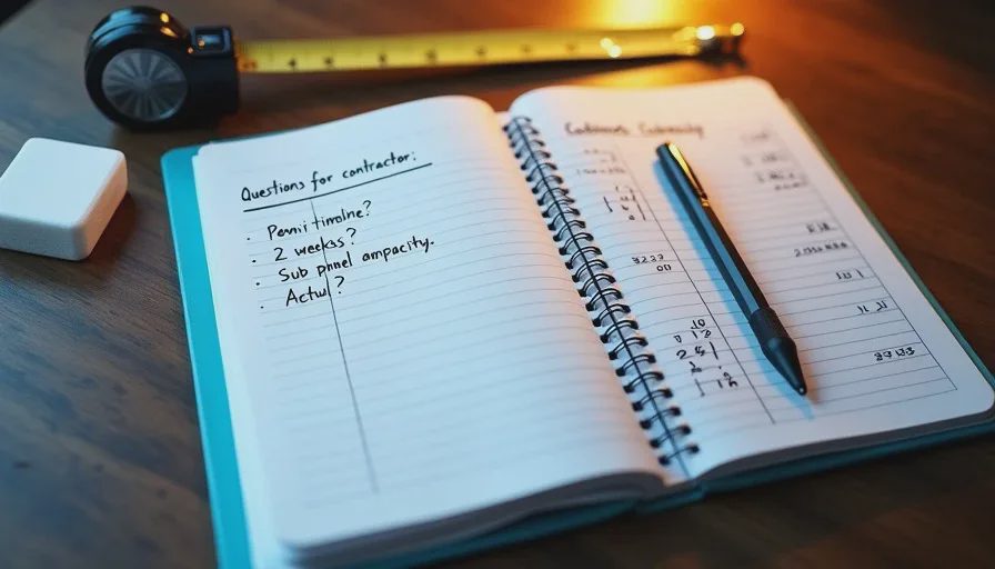 handwritten renovation questions and budget comparison notebook on desk with mechanical pencil and tape measure