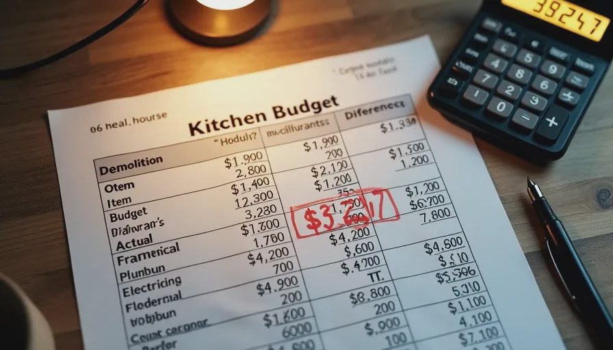 old house kitchen renovation budget breakdown with actual costs and handwritten notes on change orders