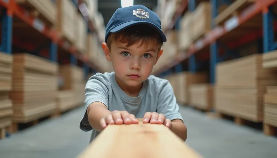 boy checking straightness of lumber at home improvement store with focused expression