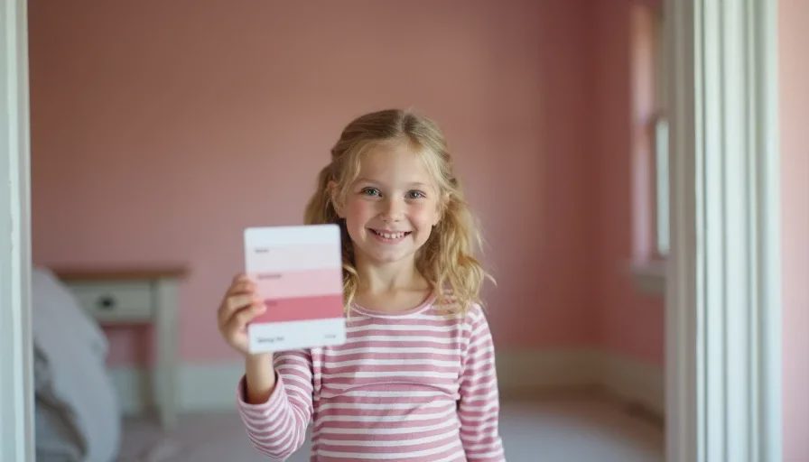 young girl holding paint color card for her newly painted bedroom during home renovation