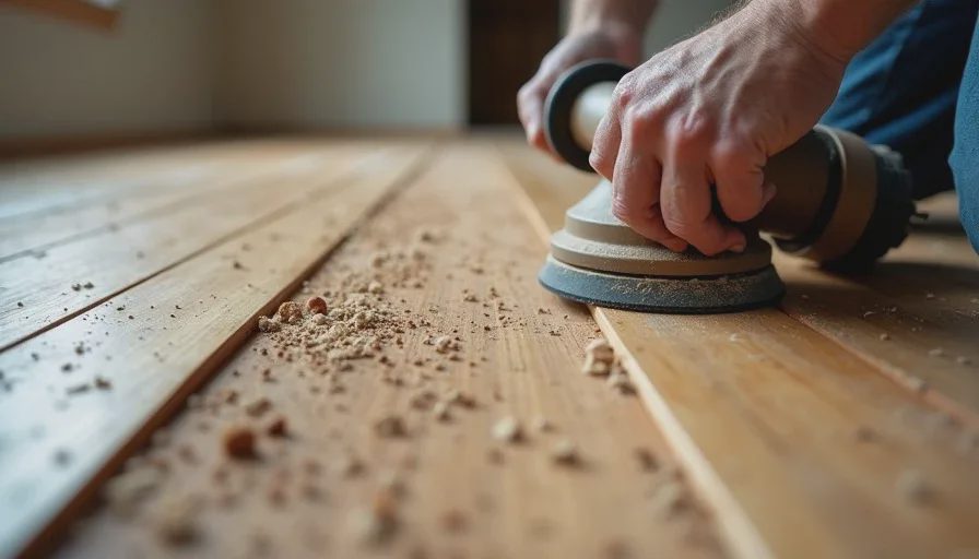 original oak floors being refinished after laminate removal showing staple holes and sanding process