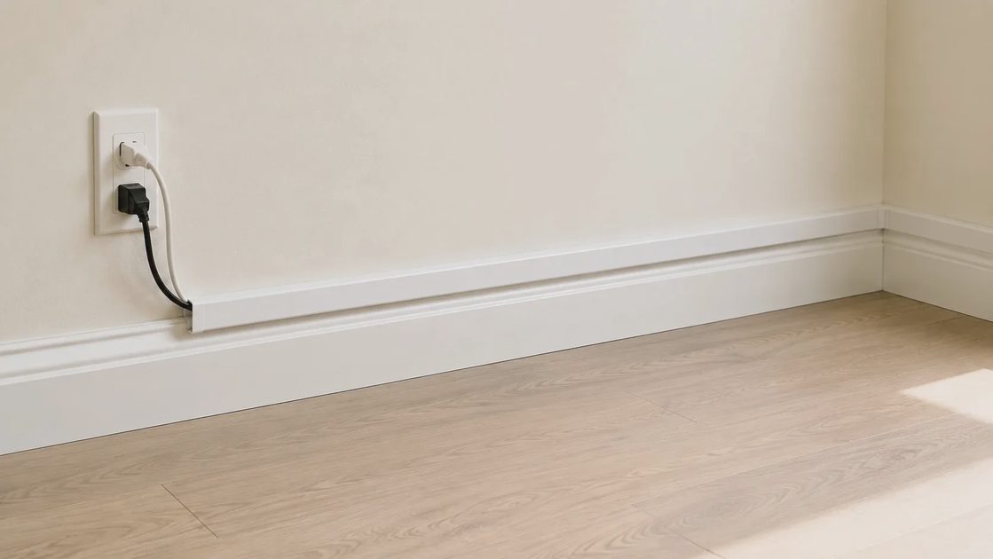Plastic cable cover raceway running along baseboard hiding power cords