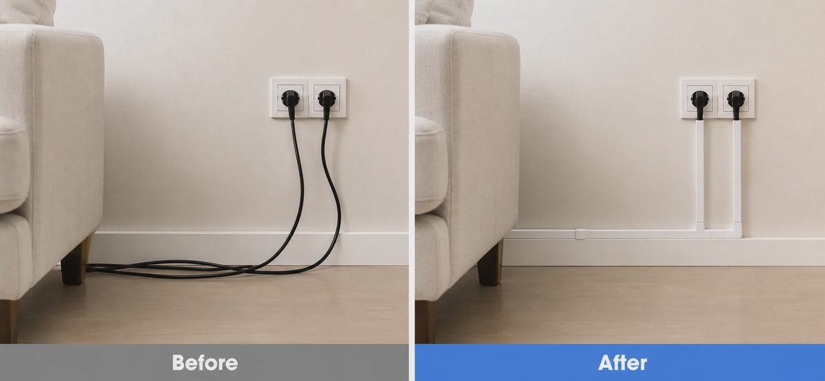 Cord cover cable management before and after comparison, white wall wire raceway hiding messy power cords beside sofa
