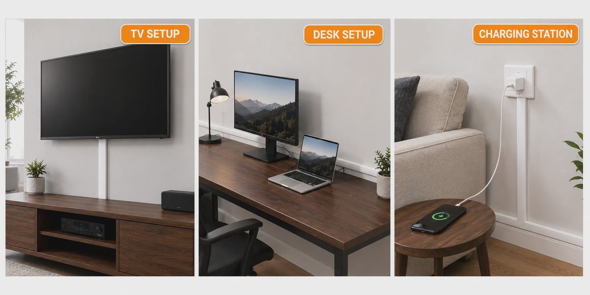Three usage scenarios of white cable raceway: TV setup with cords hidden behind wall-mounted TV, desk setup with monitor and laptop cables organized, and speaker wall with left and right audio cables concealed along the wall.