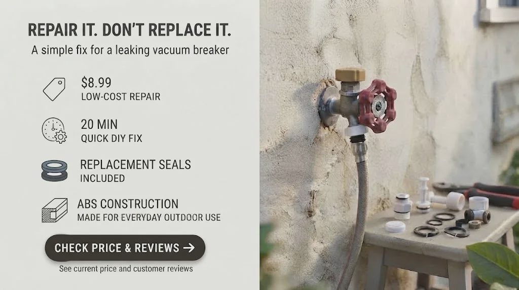 Outdoor faucet repair kit shown with a repaired frost-free hose bib and DIY repair benefits